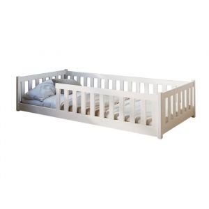 Lit au sol enfant 90x200 cm - Avec matelas + sommier + barrière de lit - Lit pour enfant Montessori - En pin massif - Blanc