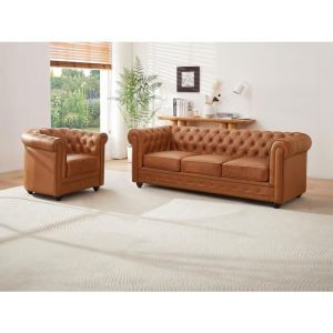 Canapé 3 places et fauteuil en cuir de vachette camel CHESTERFIELD