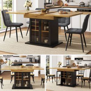 Table &agrave; manger extensible - TRUXEN8 - Casier &agrave; vin - Porte en verre brun - Noir