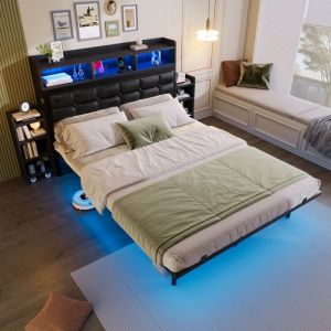 Lit Double en M&eacute;tal 140x190 cm Lit Capitonn&eacute; avec &Eacute;clairage LED Rangements Int&eacute;gr&eacute;s T&ecirc;te de Lit 2 Tables de Chevet - Gris Fonc&eacute;