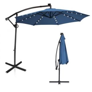 COSTWAY Parasol Déporté 3M avec 24 Lumières LED Solaires Rotatif 360°Base CroiséeManivelle Angle Réglage Poteau en Aluminium Bleu