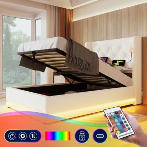 Lit LED capitonné 90*200 cm Lit Coffre Lit hydraulique Lit adulte Lit simple avec sommier et tête de lit et USB type-C PU blanc