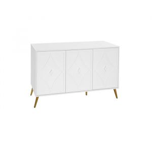 Buffet 3 Portes Blanc avec Motif Sculpt&eacute; 3D et Pieds Dor&eacute;s - 120x40x80 cm-Meuble de Rangement Moderne pour Salon Couloir ou Chambre