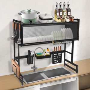 Égouttoir à vaisselle à 2 étages au-dessus de lévier - Grand organisateur dévier en acier inoxydable - 65cm - Noir