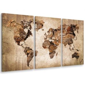 Tableau triptyque carte du monde couleur bois - 90x60 cm