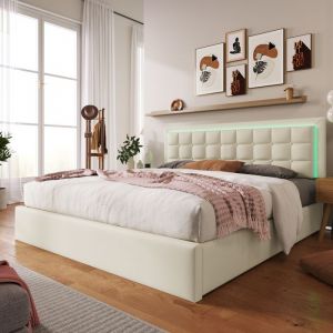 Lit coffre - Aapaas - 160 x 200 cm - Éclairage LED - Tête de lit capitonnée - Blanc