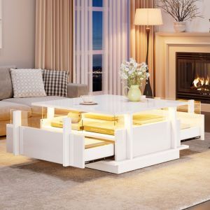 Table Basse Blanche Haut Brillant Carr&eacute;e 2 Tiroirs LED S&eacute;parateurs Acrylique Petit Espace - 70x70x35 cm