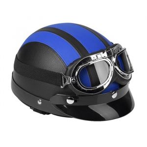 Casque de Moto Scooter Demi Cuir Ouvert avec Visi&egrave;re UV Lunettes R&eacute;tro Style Vintage 54-60cm - Bleu