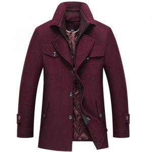 Manteau Long en Laine pour Homme Veste en Laine Mode Automne Hiver Couleur Unie Double Col Revers &Eacute;pais Rouge
