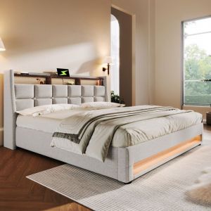 Lit 180x210cm FLASIDU Lit Capitonn&eacute; en rev&ecirc;tement en lin avec T&ecirc;te de Lit et Sommier &agrave; Lattes Lit Adulte pour 2 Personnes Blanc