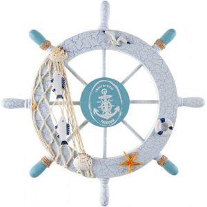 Roue de bateau en bois d&eacute;coration de gouvernail de volant de bateau nautique de 28 cm roue de bateau en bois avec corde de bateau