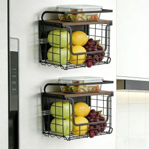 2 PCS Panier corbeille a fruit murale pour la cuisine-MENGDA-Corbeille &agrave; fruits suspendue avec couvercle en bois-Noir