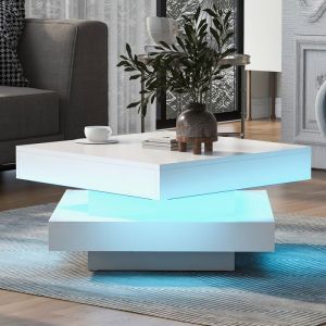 Dripex Table Basse Carrée Blanche Brillante avec Plateau Pivotant - Table dappoint avec Lumière LED - Style Techno -70x70x36cm