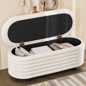 Banquette coffre de rangement bout de lit en tissu capitonn&eacute; beige banc d&rsquo;entr&eacute;e moderne avec espace de stockage