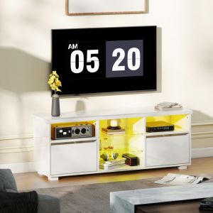 Meuble TV 120 cm meuble t&eacute;l&eacute; pour t&eacute;l&eacute;viseur jusqu&agrave; 55 pouces &eacute;clairage LED et t&eacute;l&eacute;commande &eacute;tag&egrave;res en verre blanc