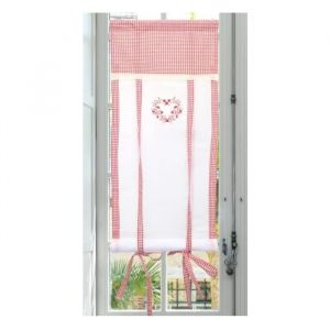 Autrefois Rideau enrouleur et brise bise 80 x 160 cm Rouge Vichy Lin brodé Voilage Broderie Style Charme Petit Rideau Fin