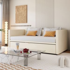 Lit adulte 90x200 cm extensible &agrave; 180x200 cm en velours beige avec sommier &agrave; lattes &ndash; design moderne pour chambre et s&eacute;jour