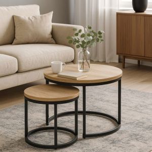 Ensemble de Table Basse Gigogne Ronde Oreo, Lot de 2 Table D'extrémité de Canapé, Chêne san remo