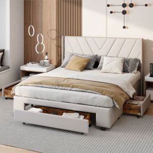Lit Double 160x200 Lit 160x200 avec Sommier  Lit Deux Place  Lits et Cadre de Lit Pour Adulte Lit Coffre Beige