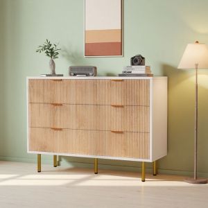 Commode &agrave; 6 Tiroirs Meuble de Rangement en Bois Commode Chambre avec Poign&eacute;e et Pieds Dor&eacute;es 100x34x73 cm Naturel et Blanc
