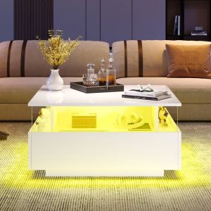 LINKHOO Table Basse Moderne Carr&eacute;eAvec 2 tiroirs et compartiments en verre  70x70x41cmCharge maximale 30kgNoir