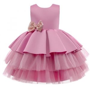 Robe C&eacute;r&eacute;monie Fille Princesse en Tulle Sans Manches Robe de Bal de Mariage Avec Ceinture Noeud Papillon - Rose