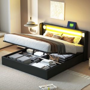 Lit coffre 160x200 cm Lit double 2 personnes Lit rembourr&eacute; avec bande LED lecteur Bluetooth et chargeur USB cuir PU noir