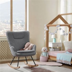 Yaheetech Fauteuil &agrave; Bascule Scandinave &agrave; Haut Dossier Chaise &agrave; Bascule en Tissu Boucl&eacute; Fauteuil dappoint Gris Fonc&eacute;