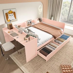 Lit Enfant-Lit Combine double 140x200cm avec bureau et 2 tiroirs lit coffre sommier lattes sans matelas avec étagères pin+MDF Rose