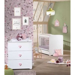 Chambre bébé duo Basic coeur: lit 120x60 commode à langer - Babyprice - Blanc