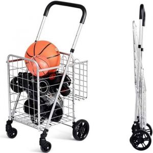GIANTEX Chariot de Courses Pliable à Roulettes 58L(2 Panier)Caddie/Chariot de Marché en AcierPoignée