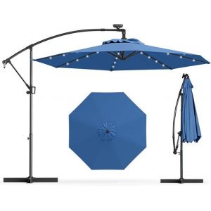 Parasol Déporté Ø3M - GOPLUS - Parasol pour Terrasse - Parasol Inclinable - 32 LED - Rotatif à 360° - Pied en Croix - Bleu Clair