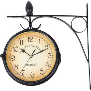 Ridgeyard Horloge de Gare Rétro Horloge Murale Double Cadran avec Potence de Fixation Pendule Double Face pour Cuisine Cour Séjour