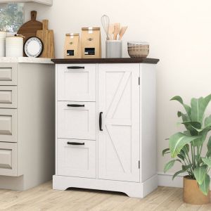 GIANTEX Buffet de Cuisine Style Rustique 3 Tiroirs Armoire de Rangement &agrave; Porte pour Salon Salles de Bain 60x30x80 cm Blanc