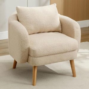 Fauteuil salon Chaise avec coussin à pieds en bois massif moderne et sobre en Teddy Tissu Beige