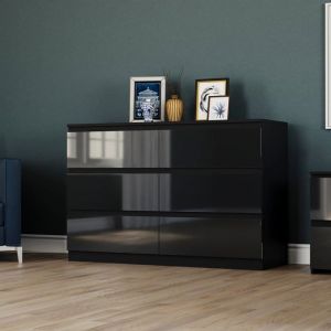 Commode Glinton noire haute brillance avec 6 tiroirs – Meuble de chambre moderne 100 % FSC