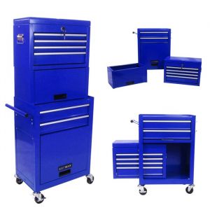 Servante datelier 2 en 1 -Caisse a outil -Chariot &agrave; roulettes -6 Tiroirs verrouillables rangement -Bleu-53 x 33 x 133 cm
