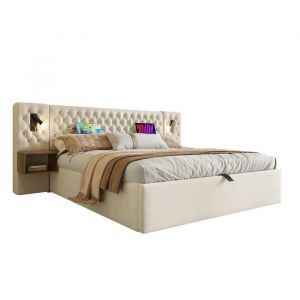 Lit Coffre 160 X 200 Cm Avec 2 Chevets Lampe De Lecture Tête De Lit Avec Fonction De Chargement USB  Beige Velours(sans Matelas)