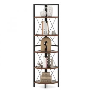 Meuble Étagère dAngle à 5 Niveaux COSTWAY Bibliothèque Industrielle avec Cadre en Métal pour Salon Bureau Cuisine Brun Rustique