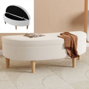 Banc Courbé Élégant - Rangement Intégré Pieds en Bois & Fausse Laine Douce  100kg Charge  Blanc Moderne  119x40x39CM