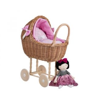 Poussette en osier pour poup&eacute;e - Landau Rose - Roues en bois - 35cm - Qualit&eacute; europ&eacute;enne