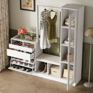 Vestiaire dentr&eacute;e avec banc &agrave; chaussures et &eacute;clairage LED Meuble a chaussures avec penderie Meuble entree 6 en 1 163x35x161 cm