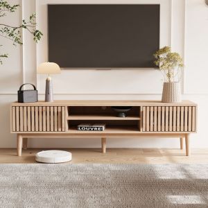 Meuble TV 150 cm - Style Scandinave avec 2 Portes &agrave; Lattes - Banc TV en Bois Clair pour TV 65 Pouces