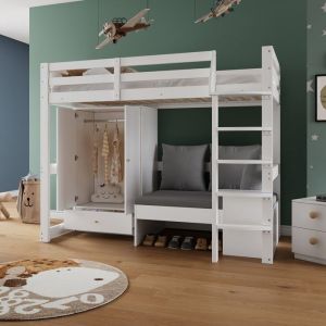 Lit mezzanine enfant multifonctionnel bois massif blanc 90x200 avec échelle armoire canapé rangement étagère - sans Matelas