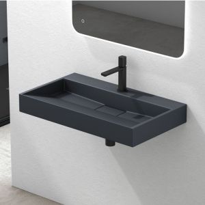 Mai & Mai Lavabo suspendu gris noir mat 70x46x11cm vasque à poser rectangulaire avec perçage pour robinet et cache bonde Col19