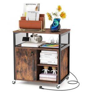 COSTWAY Caisson Bureau avec Porte et Armoire Lat&eacute;rale Etag&egrave;res R&eacute;glables Cadre M&eacute;tallique Station de Charge 60x44x66 cm Marron