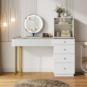 Set de coiffeuse - avec miroir D&eacute;clairage LED plateau en verre tremp&eacute; transparent 5 tiroirs et 1 armoire  blancL120xP40xH120 cm