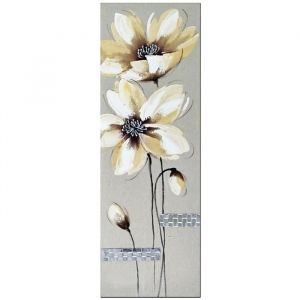 Grand Tableau Peint À La Main Cadre Rectangle Peinture Sur Toile Beige 30x90CM Fleurs Blanches Rapport Qualité Prix Excellent