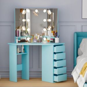 Coiffeuse - HOMDOX - Coiffeuse dangle 112x50x143cm - Coiffeuse meuble moderne à 5 tiroirs et étagère pour femmes et filles-Bleu