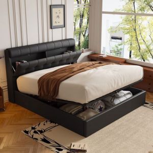lit coffre 140x190 lit pour adulte avec sommier à lattes Lit 140x190-rangement caché pour la tête de litsans matelasNoir
